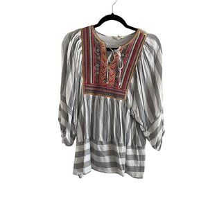 Entro Women Sz S Multicolor Embroidered Striped 3/4 Sleeve Boho Peasant Blouse